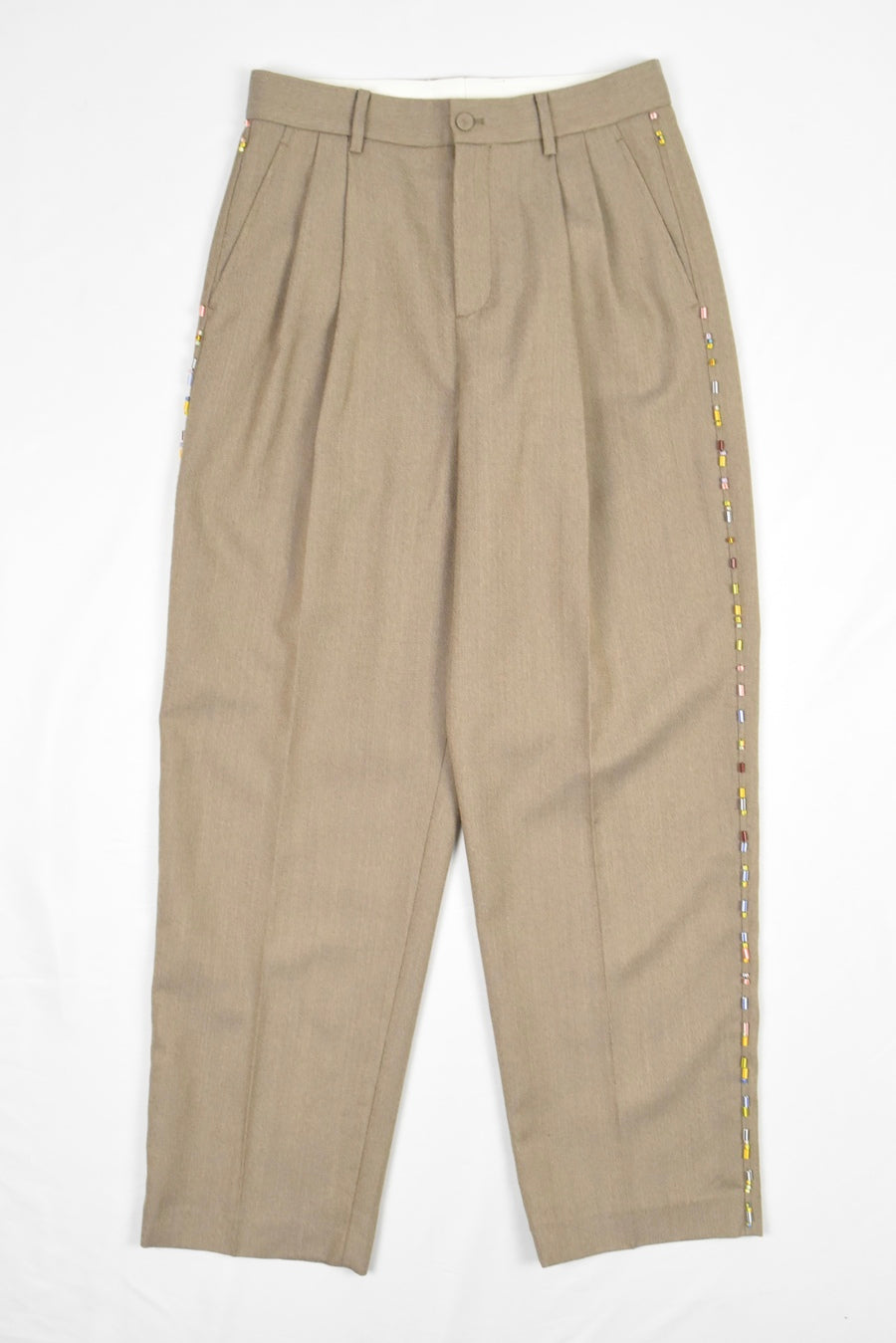 KHAKI BEADED WOOL TROUSERS