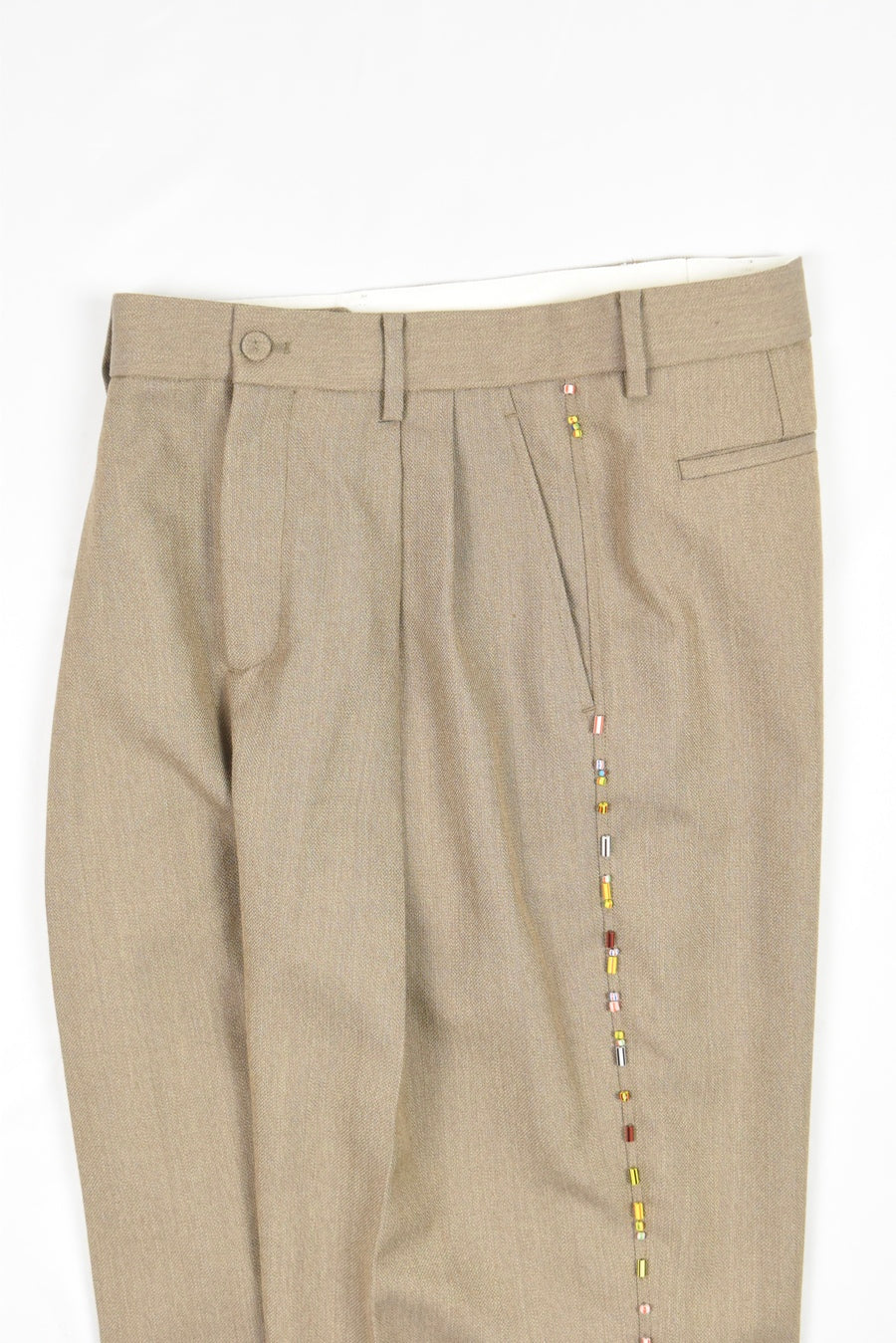 KHAKI BEADED WOOL TROUSERS