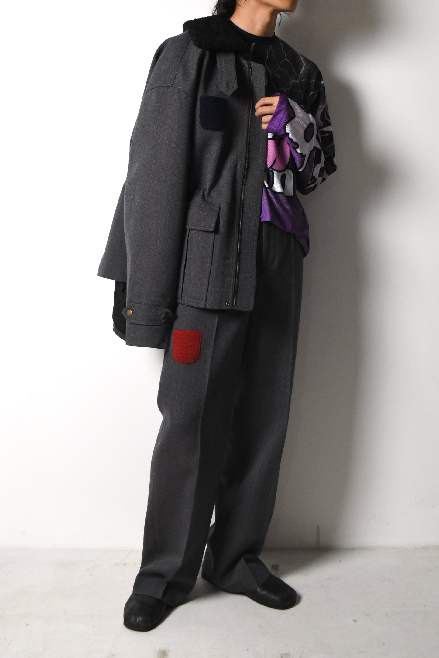 GREY PATCHWORK WOOL COAT