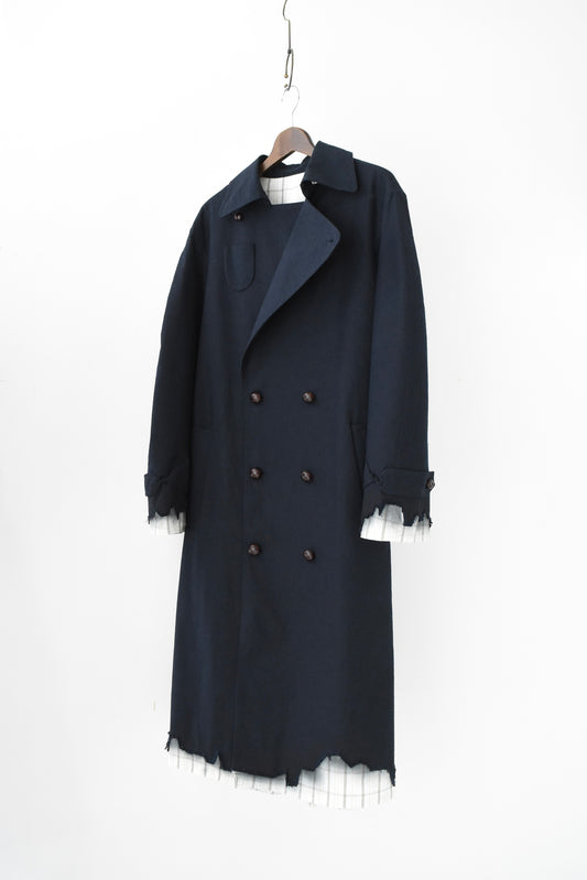 DARK BLUE PLAID TRENCH COAT